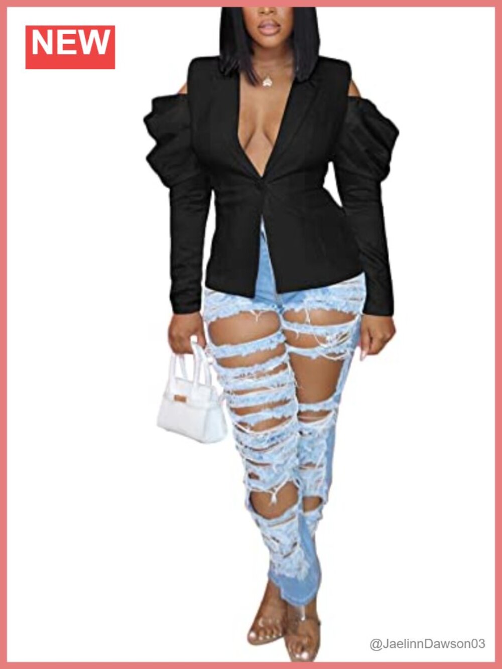 Women's Open Front Blazer Puff Sleeve Cold Shoulder Suit Jacket Casual